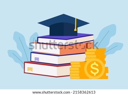 Graduation savings concept vector illustration. Stack of books, coins and graduation hat. Education cost in flat design. Student scholarship.