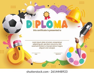 Graduation school certificate clipart template. School diploma for primary and kindergarten award with educational elements clip art in yellow colorful abstract background vector illustration.
