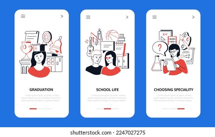 Graduation and school life - line design style banners set with place for text. University, choose a specialty and faculty, study, professional knowledge, music, science and art. Education idea