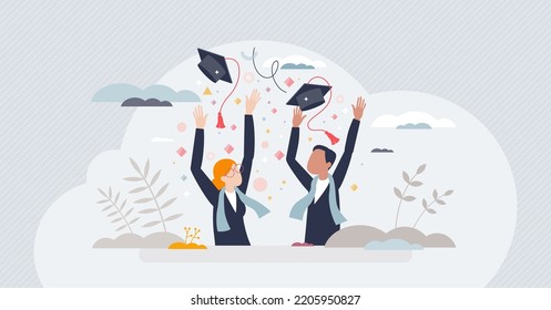 Graduation and school or university diploma celebration tiny person concept. Academic knowledge final exam successful pass and joyful party with hat throwing in air vector illustration. Degree finish.