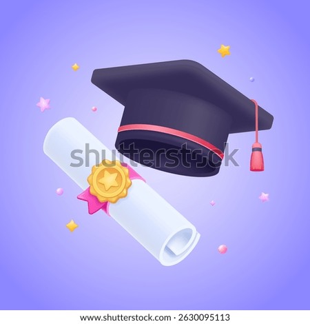 Graduation scroll with academic cap in  3d style for education and achievement theme – 3d vector illustration. Isolated vector icon.