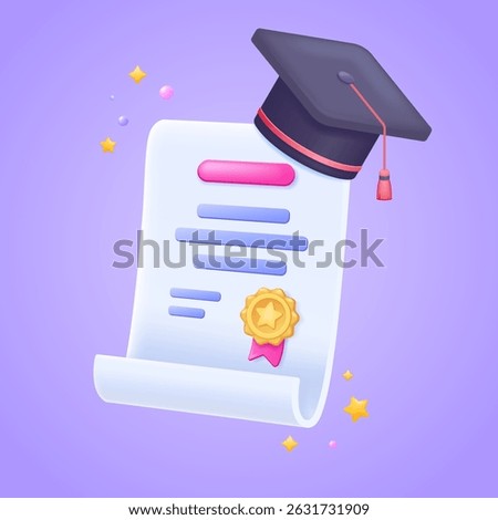 Graduation scroll with academic cap, confetti, and seal in 3d style for education and celebration concept – 3d vector illustration Isolated vector icon.