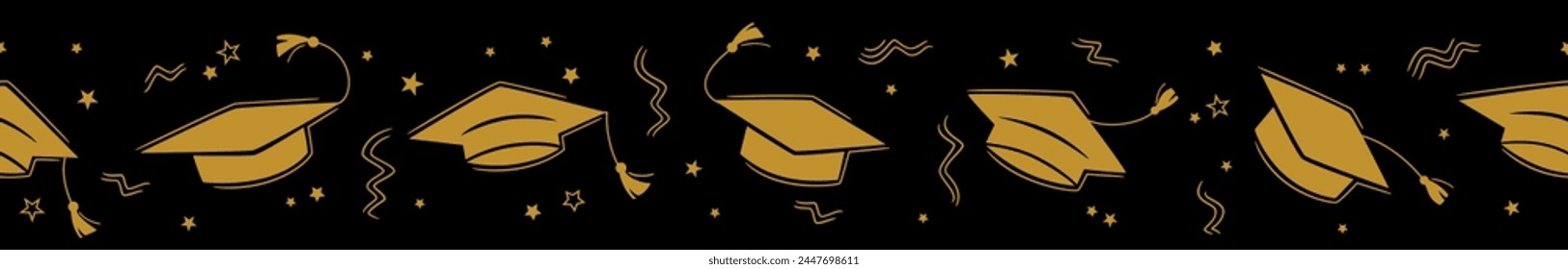 Borde sin fisuras de la graduación con la tapa académica cuadrada alta en el aire sobre fondo negro. Sombreros de graduado en el aire confeti de oro. Patrón de Ilustración vectorial plana. Afiche de invitación de fiesta de graduados