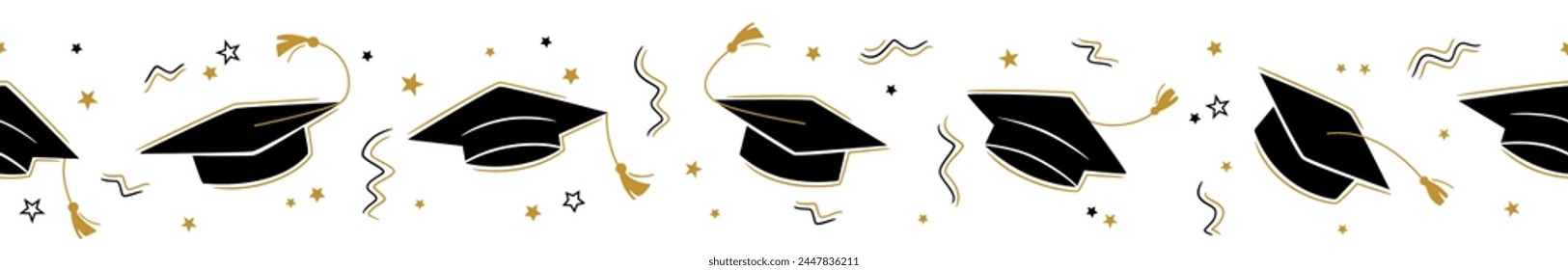 Graduation seamless border with the square academic cap high into the air on white background. Graduate hats in the air gold confetti. Flat vector illustration pattern. Grad party horizontal poster