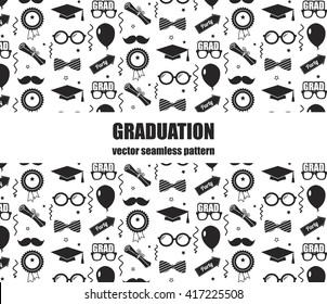 Graduation seamless monochrome pattern. Black and white vector background for graduation party or ceremony invitation, greeting card or web page and poster design. Vector flat.