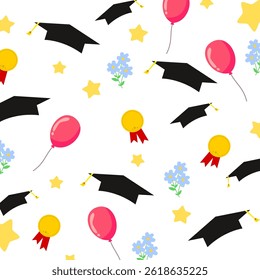 Graduation seamless pattern. Graduation black caps with flower, baloon, stars and medal for wallpaper and paper wrapping. Illustration for education
