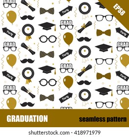 Graduation seamless pattern. Black and golden vector background for graduation party or ceremony invitation, greeting card or web page and poster design. Vector flat.