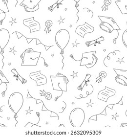 Graduation seamless pattern. Celebration pattern. Graduation party. Graduation hat, diploma scroll, balloons, confetti.   