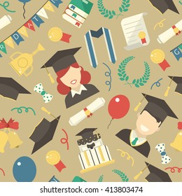 Graduation seamless pattern. Man and woman graduates in hats and gowns, balloons, bell, limousine, cake, diploma and wreath education pattern backdrop. Graduate celebration tiling background.