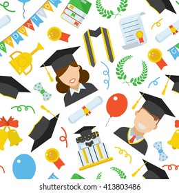 Graduation seamless pattern. Man and woman graduates in hats and gowns, balloons, bell, limousine, cake, diploma and wreath education pattern backdrop. Graduate celebration tiling background.