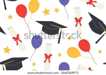 graduation seamless pattern with mortarboards, diplomas, balloons and stars; perfect for graduation party invitations, gift wrapping- vector illustration