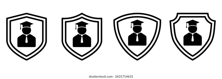 Graduation Security Shield Icon Set. Academic Protection Symbol of Student Safety in Education, Silhouette Graduate Figure in Badge Emblem for Learning, School, Knowledge, Online Education Concepts