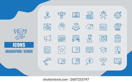Graduation Senior Icon Set Featuring Caps, Diplomas, Academic Scrolls, and Celebration Symbols