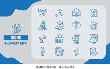 Graduation Senior Icon Set Featuring Caps, Diplomas, Academic Scrolls, and Celebration Symbols