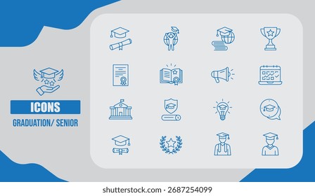 Conjunto de iconos de graduación senior con gorras, diplomas, pergaminos académicos y símbolos de celebración