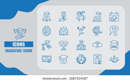 Graduation Senior Icon Set Featuring Caps, Diplomas, Academic Scrolls, and Celebration Symbols