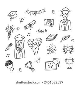 Graduation set in doodle style. Isolated on white background