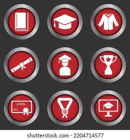Graduation set icon vector with red circle frame. modern form. gowns, certificates, trophies, diplomas, and more