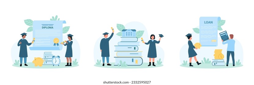 Graduation set vector illustration. Cartoon tiny graduates achieve end of education and study, people in caps and academic gowns celebrate diploma, hold money and calculator for students loan payment