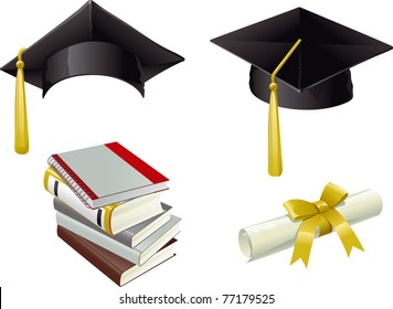 Conjunto de graduación.Vector Placas Morteros aisladas, libros y objetos Diploma sobre fondo blanco