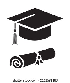 Graduierungszeichen, Vektorgrafik, Graduiertenkappe schwarz oder Diplomklassesymbole einzeln, Kennzeichen von Abschlusszeugnissen, Symbole für die Schulausführung