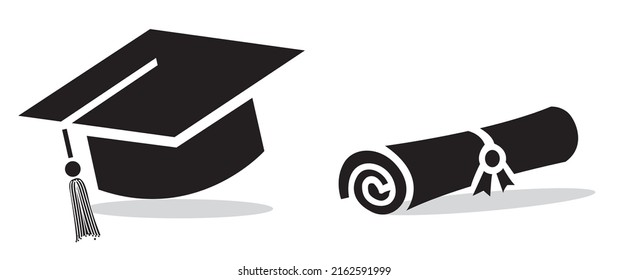 Graduation sign vector illustration,  graduation cap black or diploma clipart icons isolated, Passing certificate symbols, School Passing ceremony icons