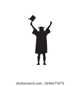  graduation silhouette with cap icon. Student figure holding graduation cap up, symbolizing celebration and success.