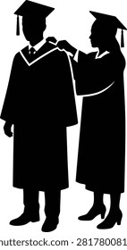 Graduation silhouette showing students adjusting academic regalia