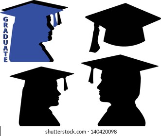 Graduation silhouette vector icons including a male and female graduate and a cap