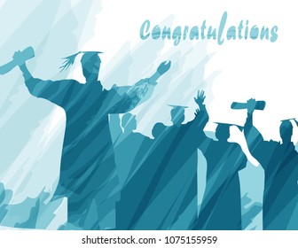 Graduation in silhouette in water color painting with congratulations typography.