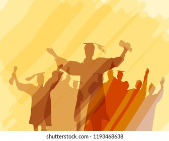 Graduation in silhouette in water color painting.