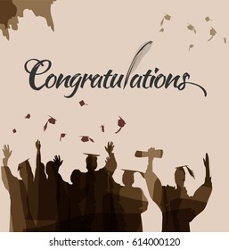 Graduation in silhouette in water color painting with congratulations text with quill.