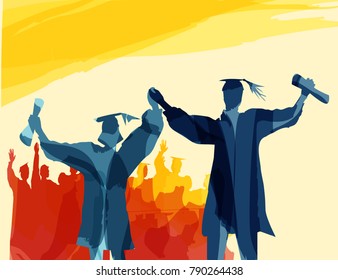 Graduation in silhouette in water color painting.