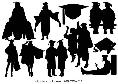 Graduation silhouette in white background. Graduation Activity Silhouette. Graduated student. Happy Graduation Activity Silhouettes.