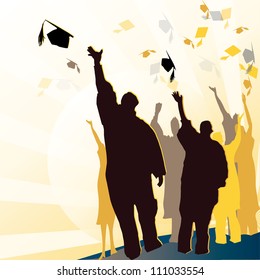 Graduation silhouettes celebrate with tossed caps in sky.