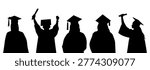 Graduation silhouettes of students in academic caps and gowns, university graduates holding diplomas, black vector silhouettes for commencement ceremony