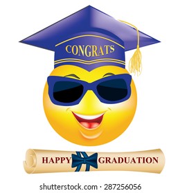 Graduation smiley / emoticon with Cap / Graduation hat and sunglasses and diploma. Print colors used.