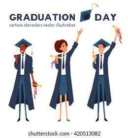 Graduation smiling cartoon characters. Male, female person celebrate commencement. Vector illustration isolated on white background. Young happy people holding diplomas, showing success, hand up.