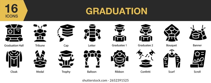 Graduation solid icon set. Editable Stroke Icon Collection. Includes graduation, college, university, diploma, cap, and More. Solid icons vector collection.