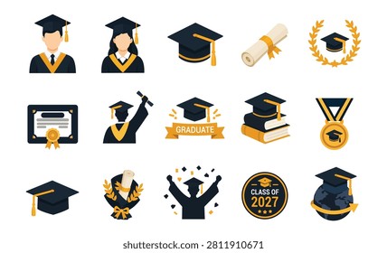 Graduation Solid Icon Set Featuring Academic Achievement, Diploma, Graduate, Education, and Student Success Vector Symbols Collection