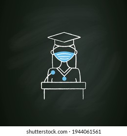 Graduation speech chalk icon. Celebrating ceremony. Obtaining diplomas. Motivational speech. Student congratulates. Graduation concept. Isolated vector illustration on chalkboard