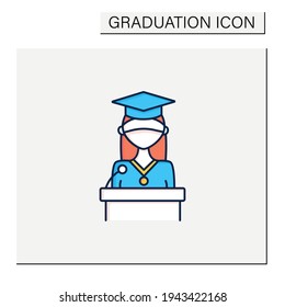 Graduation speech color icon. Celebrating ceremony. Obtaining diplomas. Motivational speech. Student congratulates. Graduation concept.Isolated vector illustration