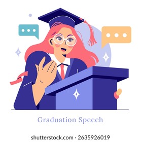 Graduation speech illustration showcases a graduate at the podium delivering a speech. This moment captures excitement and pride, celebrating achievements and milestones at graduation. Vector