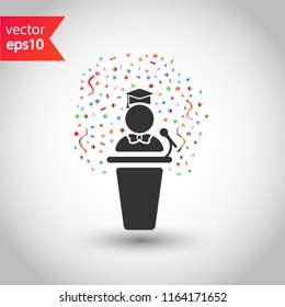 Graduation speech vector icon. Graduation with confetti sign. Graduate podium speech icon. Diploma graduate sign. EPS 10 flat symbol.
