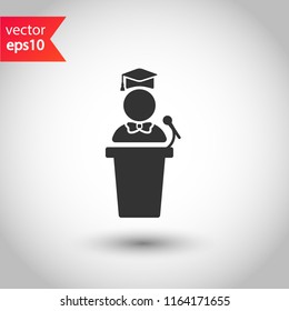 Graduation speech vector icon. Graduation with confetti sign. Graduate podium speech icon. Diploma graduate sign. EPS 10 flat symbol.