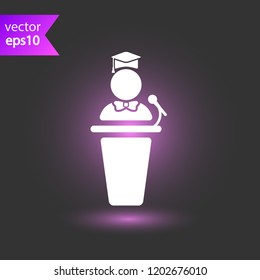Graduation speech vector icon. Graduation with confetti sign. Graduate podium speech icon. Diploma graduate sign. EPS 10 flat symbol.