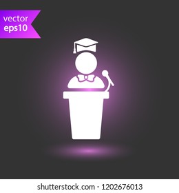 Graduation speech vector icon. Graduation with confetti sign. Graduate podium speech icon. Diploma graduate sign. EPS 10 flat symbol.