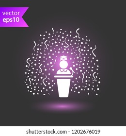 Graduation speech vector icon. Graduation with confetti sign. Graduate podium speech icon. Diploma graduate sign. EPS 10 flat symbol.