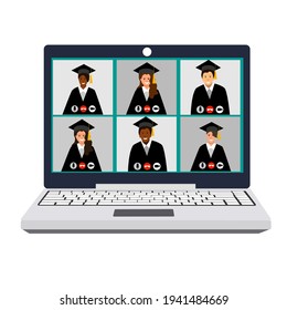 Graduation, square cap of the graduate, mantle. Laptop, video communication, men and women, dark skin color. vector