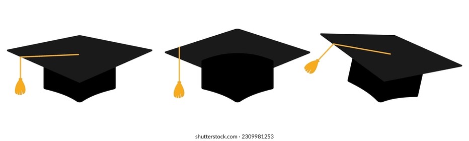 Graduation square hat set. Education cap collection. Vector illustration isolated on white.